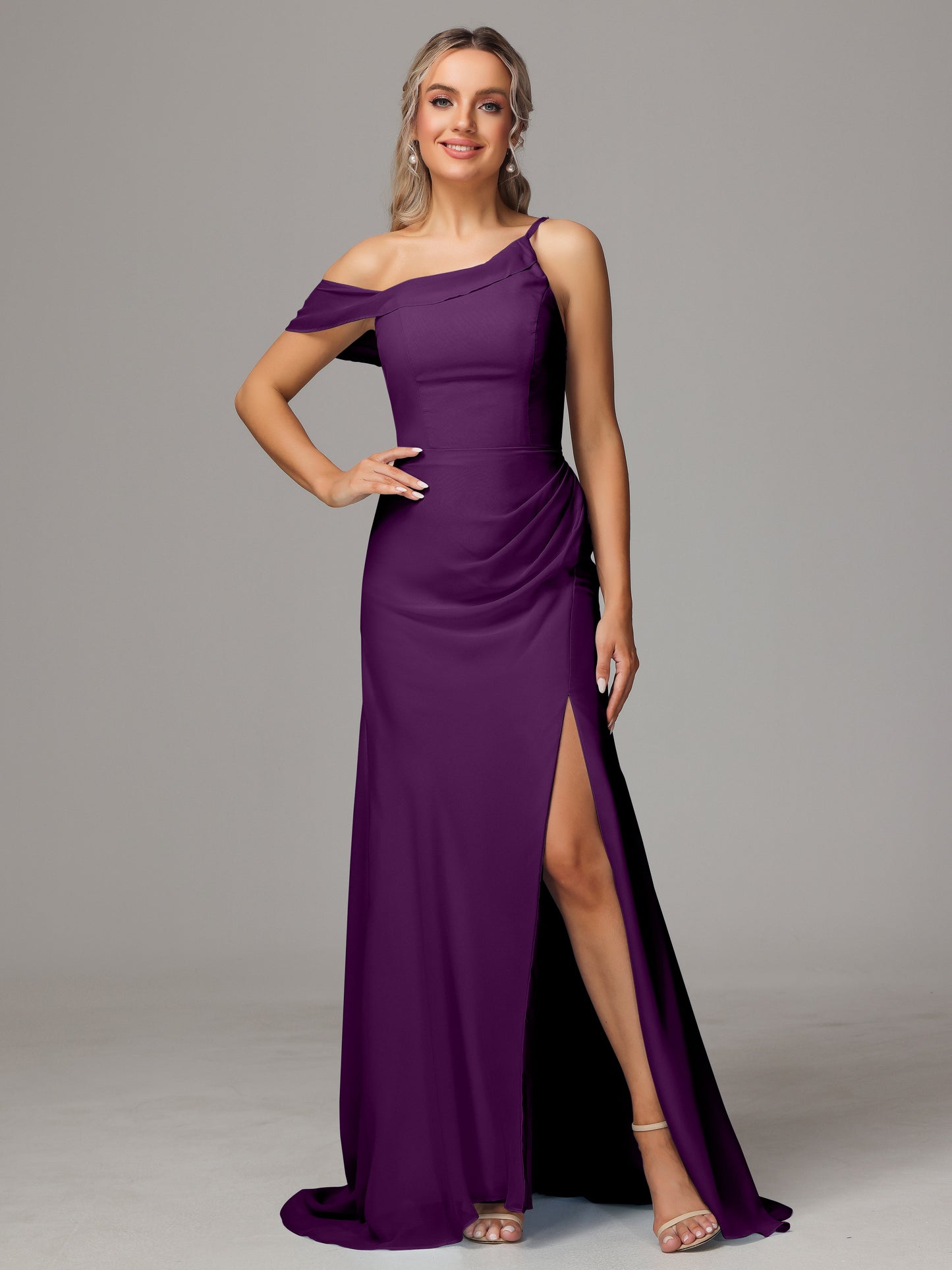 Sheath One Shoulder with Slit Chiffon Bridesmaid Dress