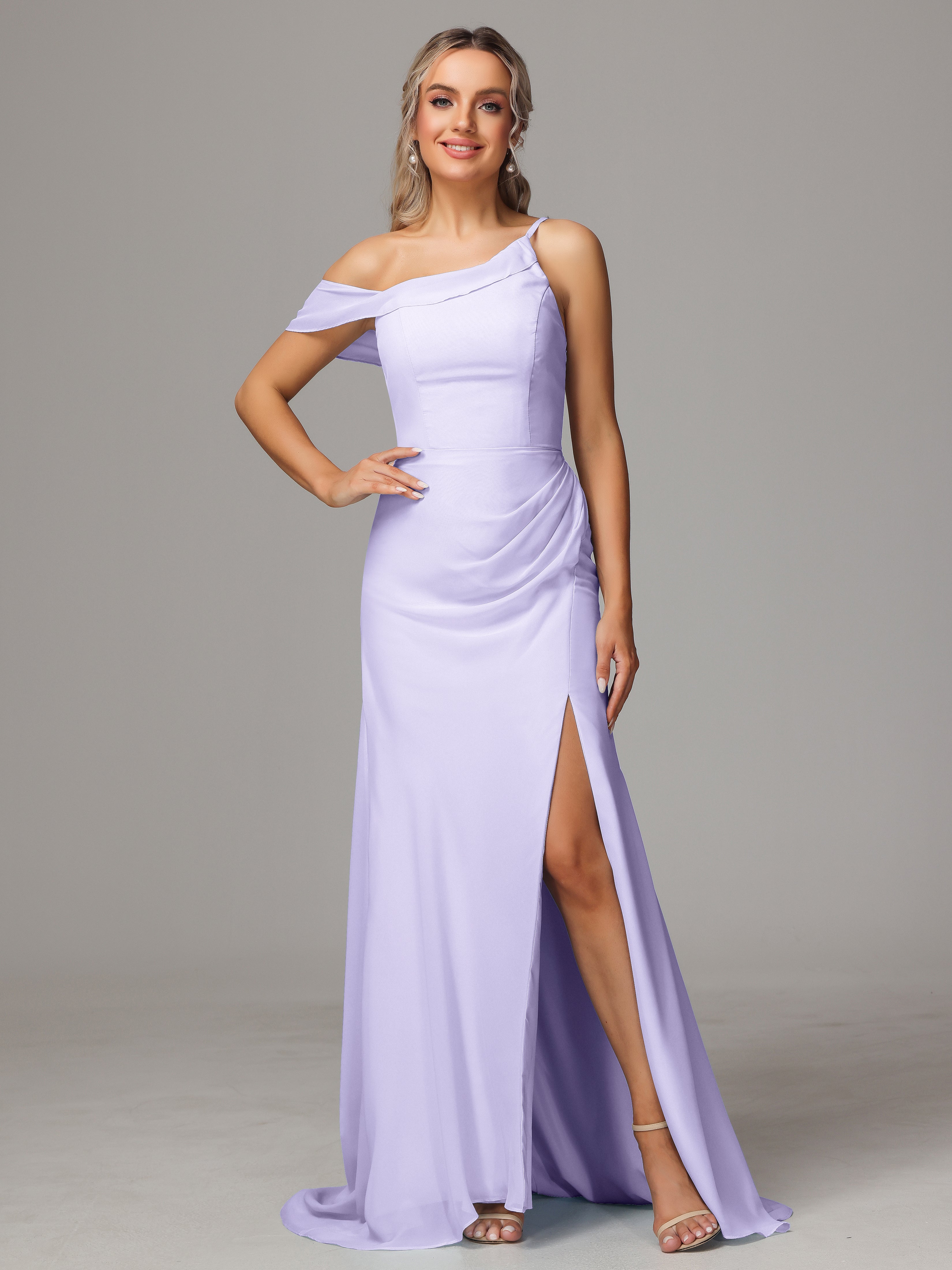 Sheath One Shoulder with Slit Chiffon Bridesmaid Dress