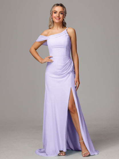 Sheath One Shoulder with Slit Chiffon Bridesmaid Dress