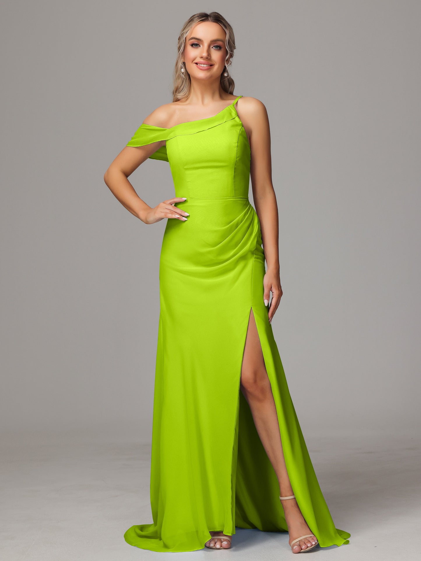 Sheath One Shoulder with Slit Chiffon Bridesmaid Dress