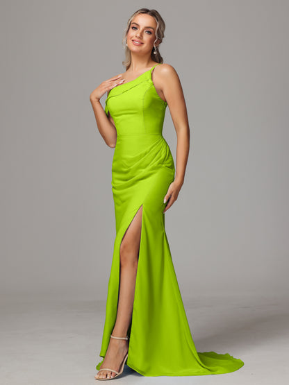 Sheath One Shoulder with Slit Chiffon Bridesmaid Dress