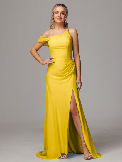 Sheath One Shoulder with Slit Chiffon Bridesmaid Dress