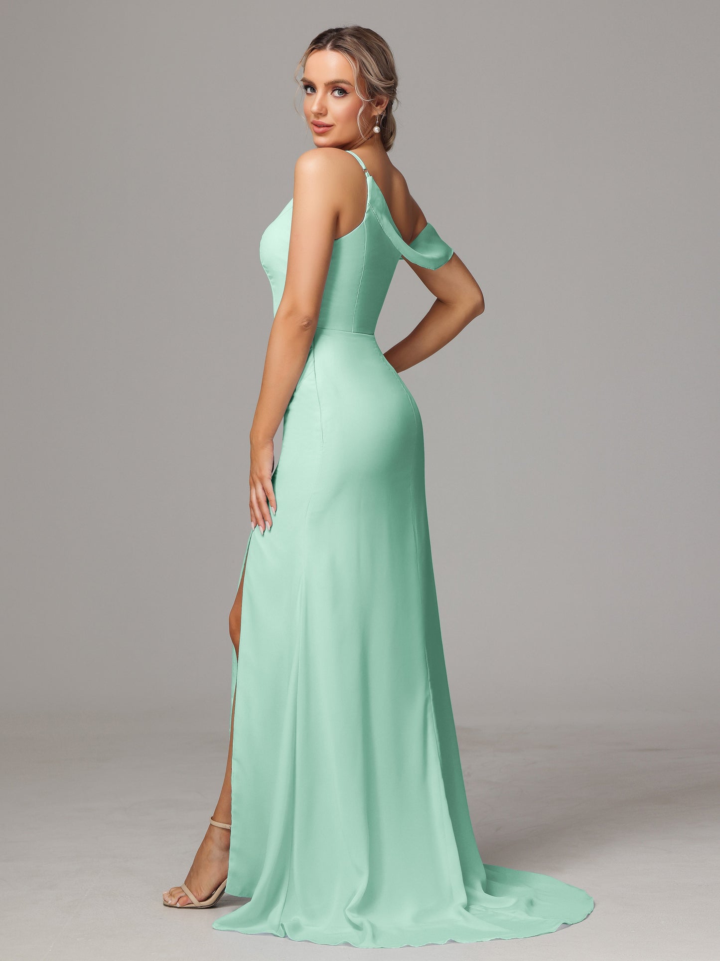 Sheath One Shoulder with Slit Chiffon Bridesmaid Dress