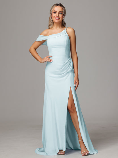 Sheath One Shoulder with Slit Chiffon Bridesmaid Dress