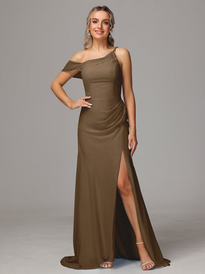 Sheath One Shoulder with Slit Chiffon Bridesmaid Dress