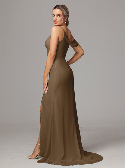Sheath One Shoulder with Slit Chiffon Bridesmaid Dress