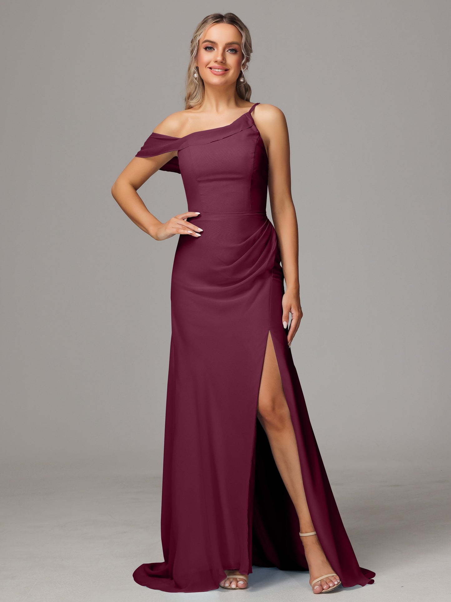 Sheath One Shoulder with Slit Chiffon Bridesmaid Dress