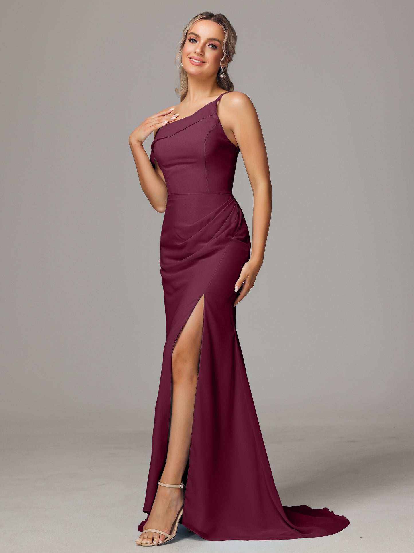 Sheath One Shoulder with Slit Chiffon Bridesmaid Dress