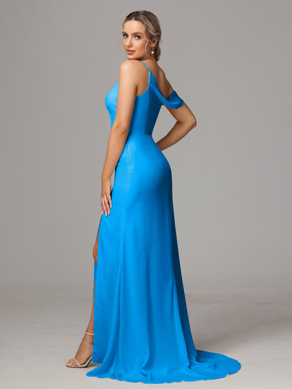 Sheath One Shoulder with Slit Chiffon Bridesmaid Dress