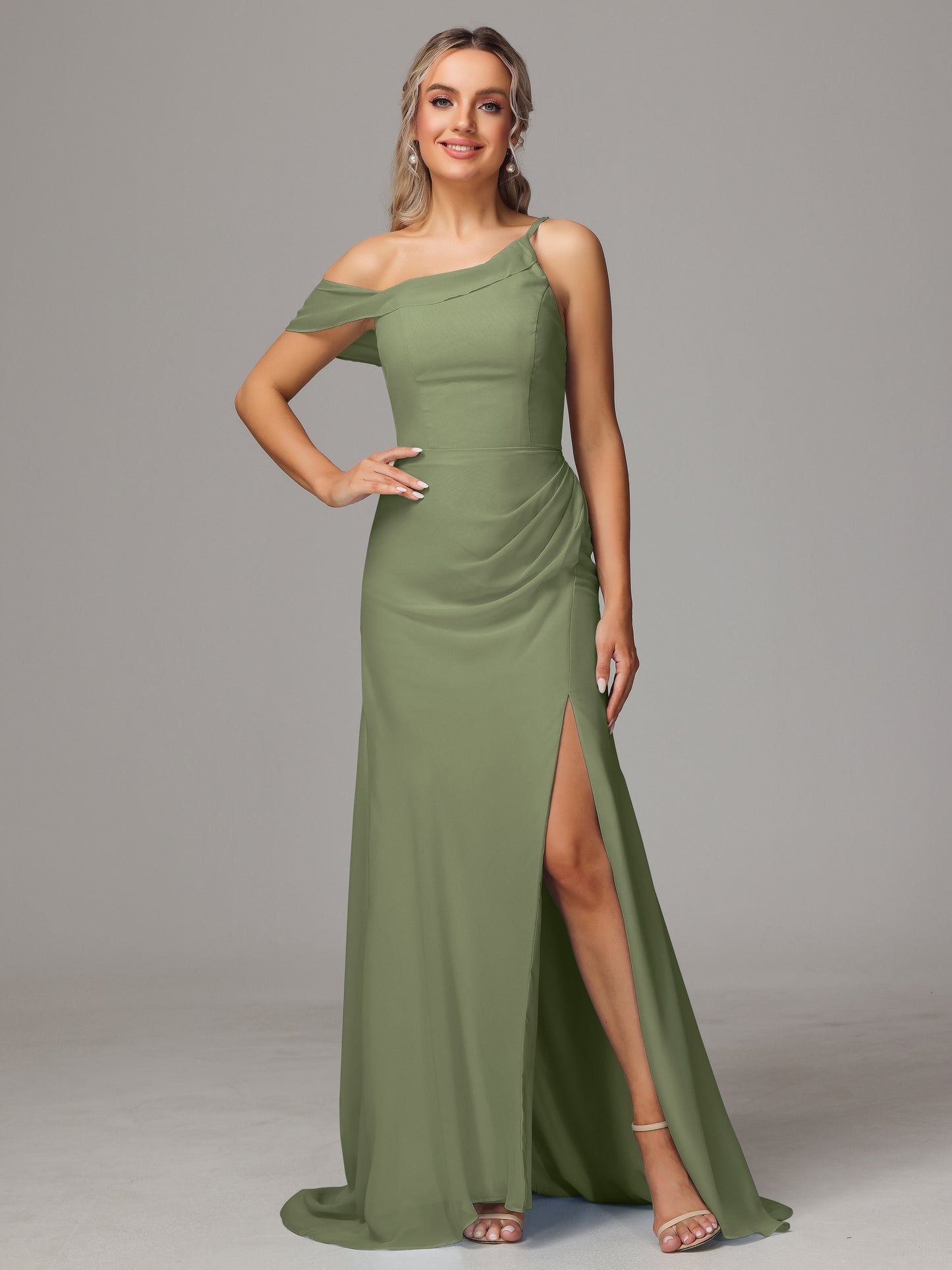 Sheath One Shoulder with Slit Chiffon Bridesmaid Dress