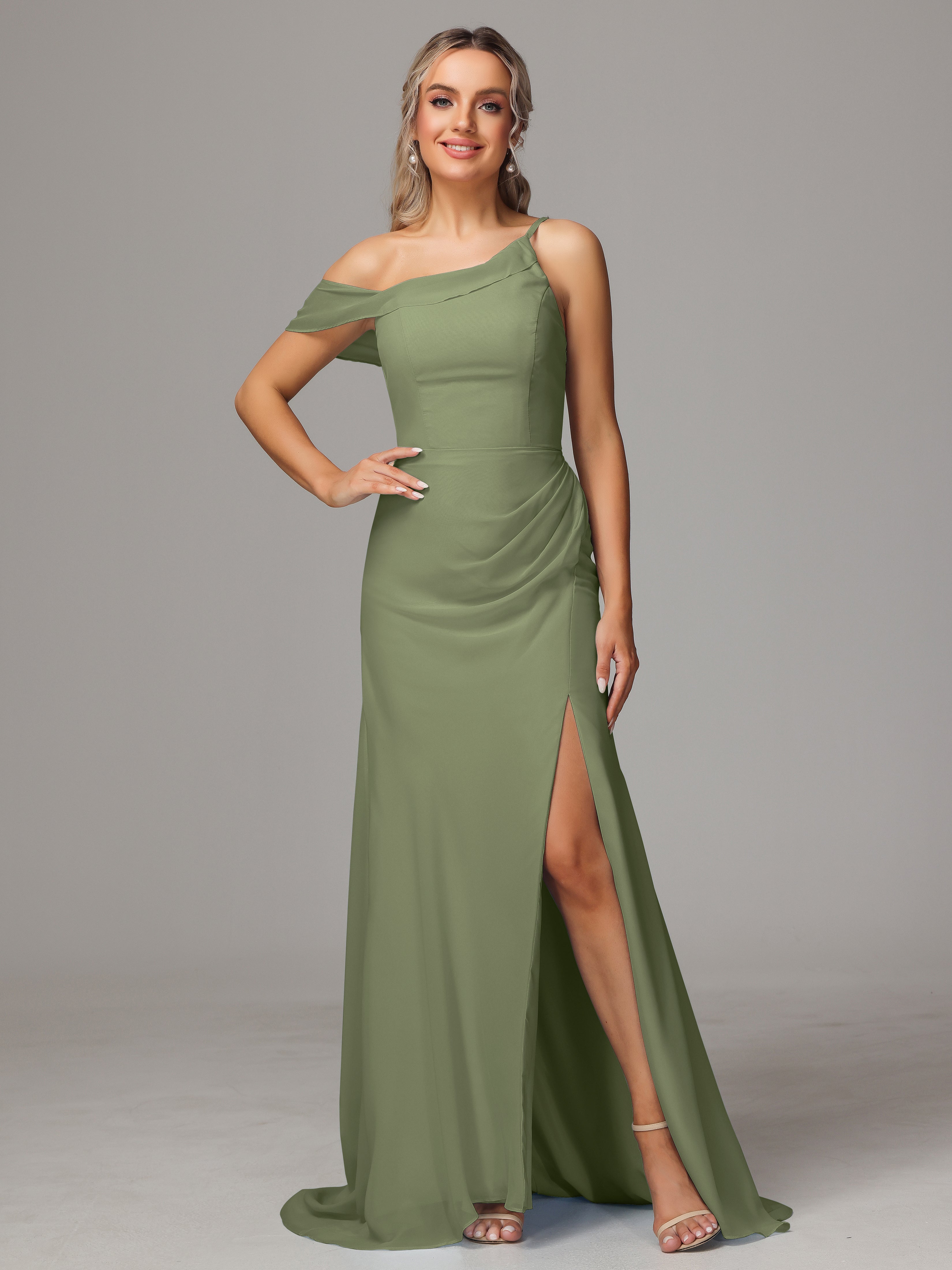 Sheath One Shoulder with Slit Chiffon Bridesmaid Dress