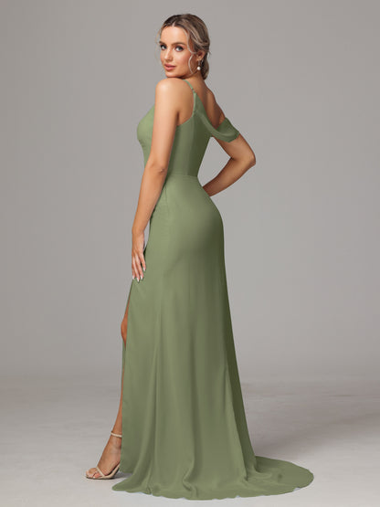 Sheath One Shoulder with Slit Chiffon Bridesmaid Dress