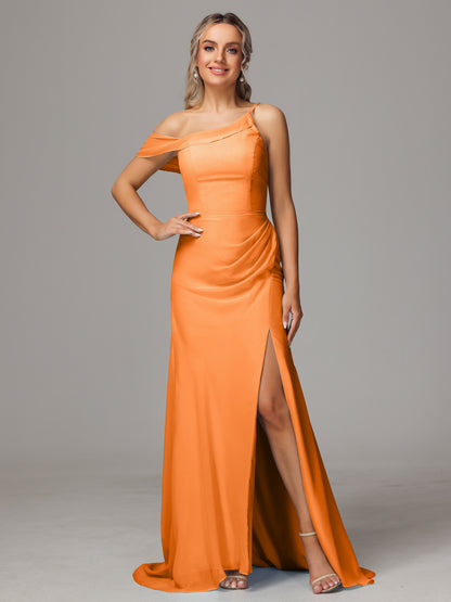 Sheath One Shoulder with Slit Chiffon Bridesmaid Dress