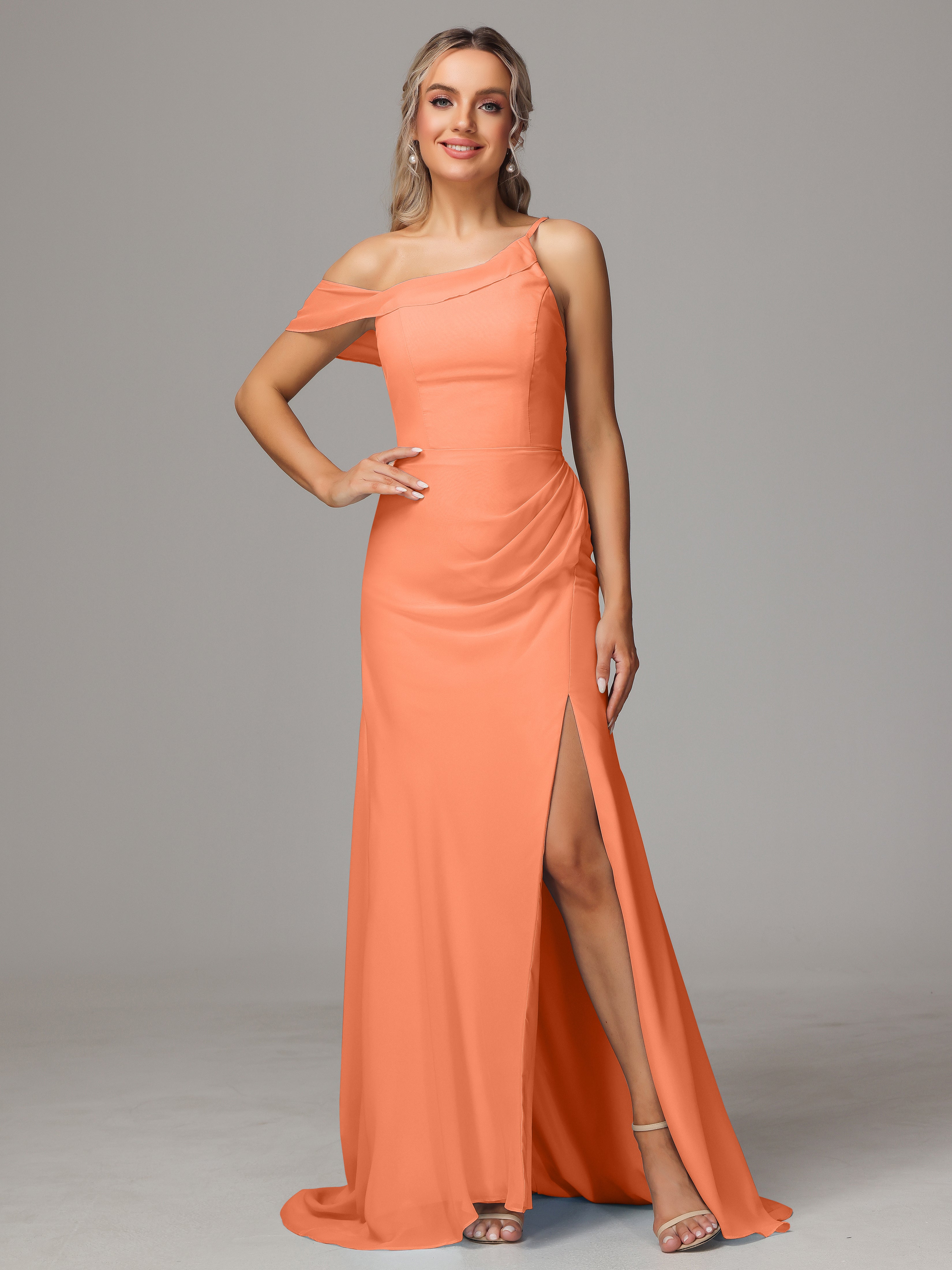 Sheath One Shoulder with Slit Chiffon Bridesmaid Dress