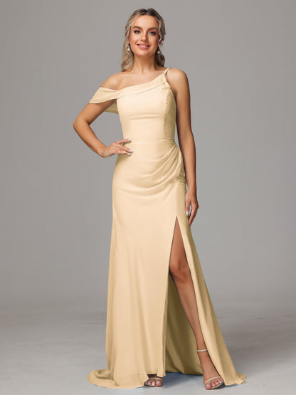 Sheath One Shoulder with Slit Chiffon Bridesmaid Dress