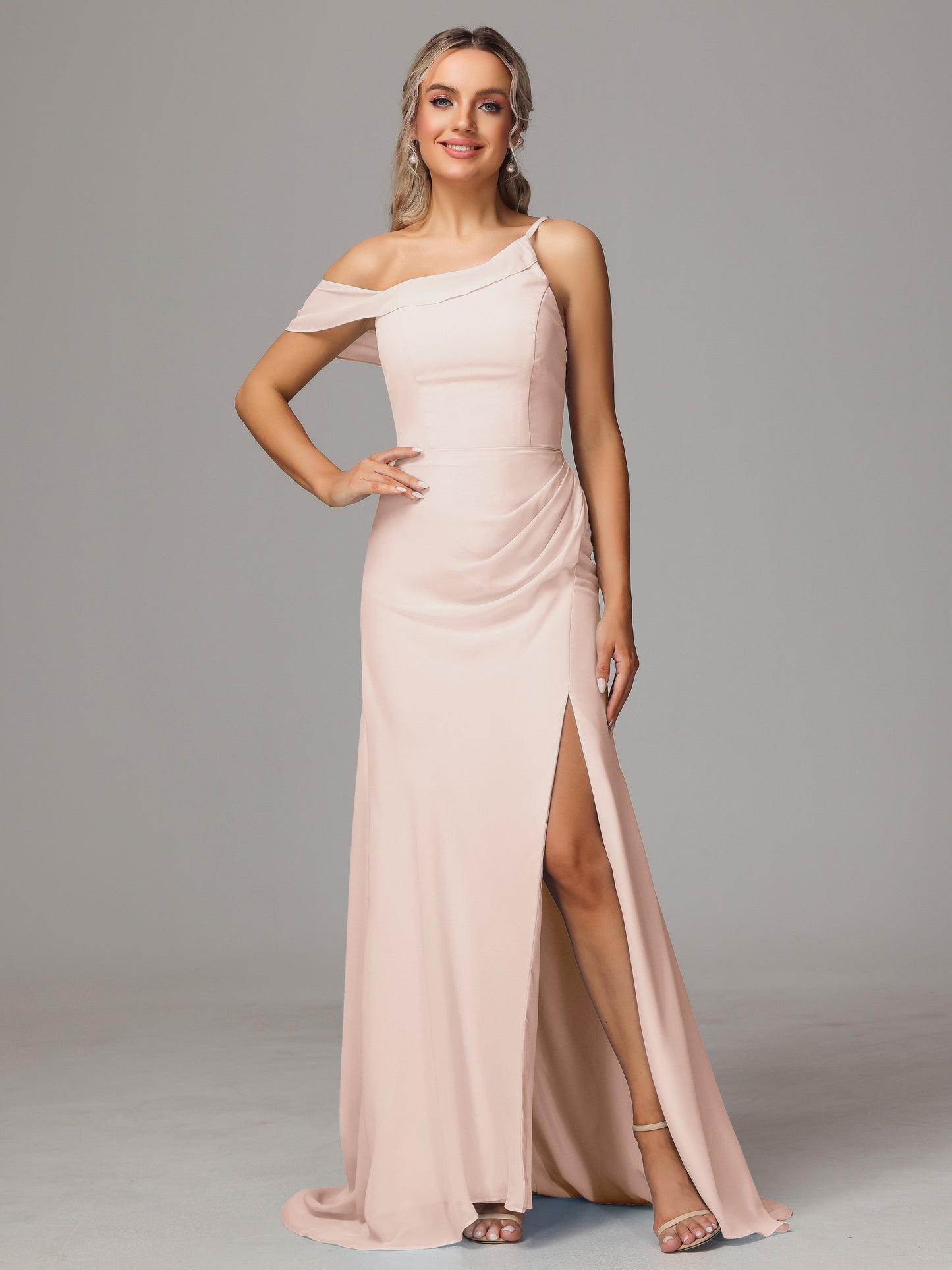 Sheath One Shoulder with Slit Chiffon Bridesmaid Dress