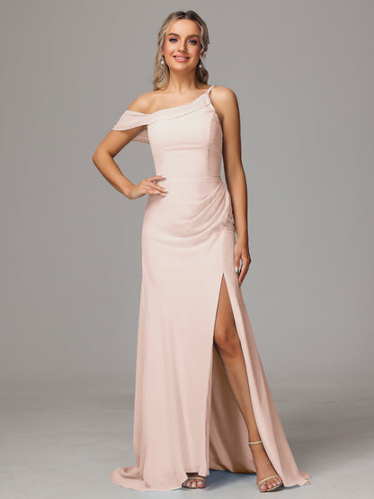 Sheath One Shoulder with Slit Chiffon Bridesmaid Dress