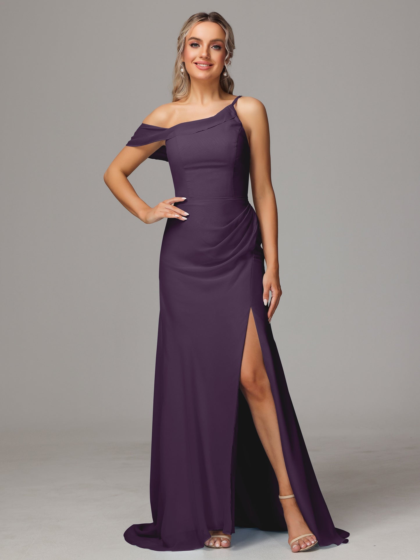 Sheath One Shoulder with Slit Chiffon Bridesmaid Dress