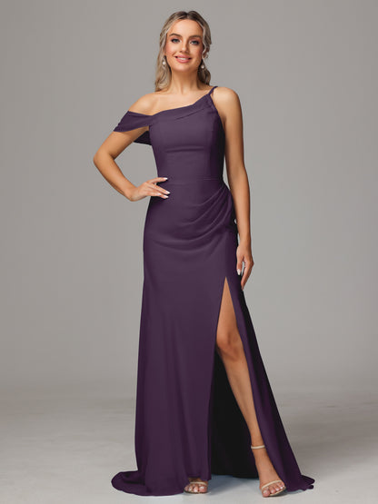 Sheath One Shoulder with Slit Chiffon Bridesmaid Dress