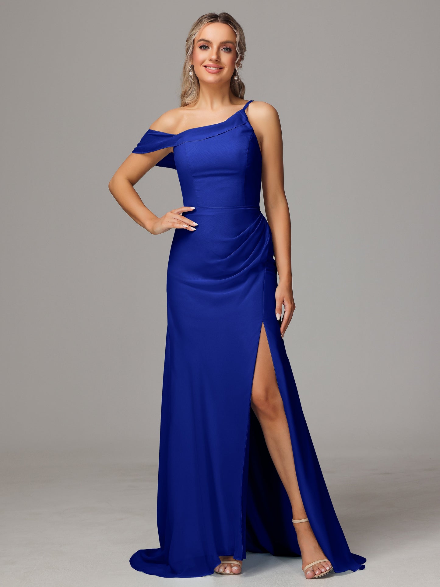 Sheath One Shoulder with Slit Chiffon Bridesmaid Dress