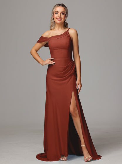 Sheath One Shoulder with Slit Chiffon Bridesmaid Dress