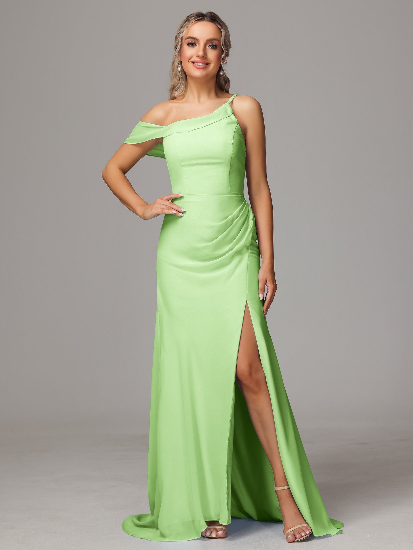 Sheath One Shoulder with Slit Chiffon Bridesmaid Dress