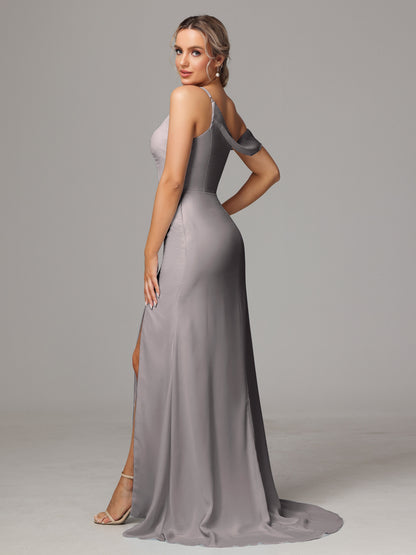 Sheath One Shoulder with Slit Chiffon Bridesmaid Dress