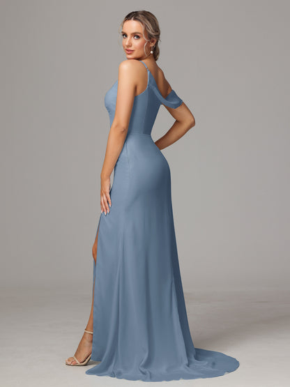 Sheath One Shoulder with Slit Chiffon Bridesmaid Dress