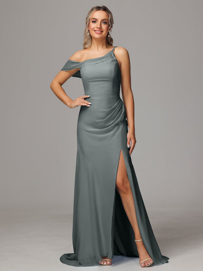 Sheath One Shoulder with Slit Chiffon Bridesmaid Dress
