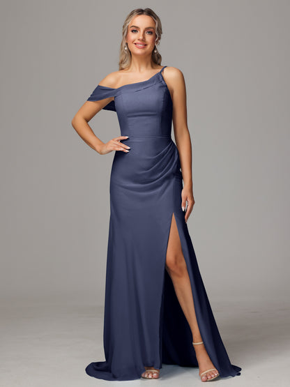 Sheath One Shoulder with Slit Chiffon Bridesmaid Dress