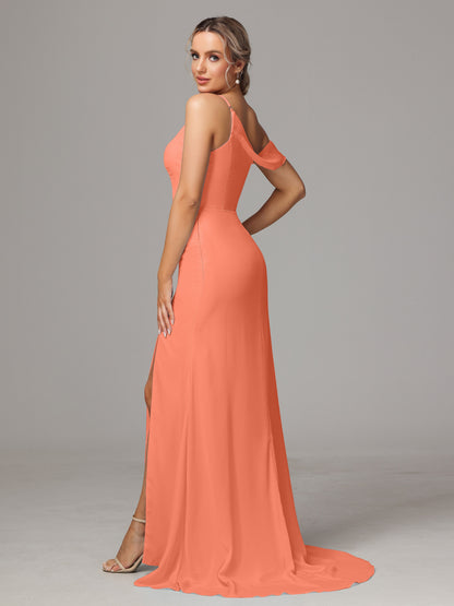 Sheath One Shoulder with Slit Chiffon Bridesmaid Dress