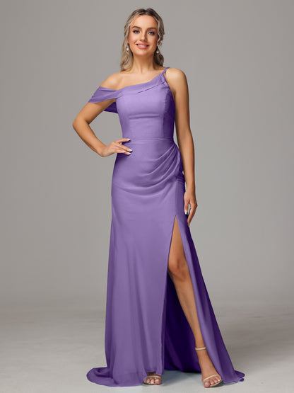 Sheath One Shoulder with Slit Chiffon Bridesmaid Dress