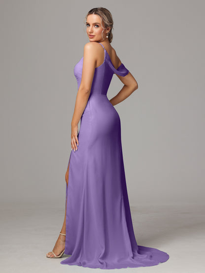 Sheath One Shoulder with Slit Chiffon Bridesmaid Dress