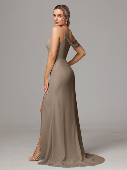 Sheath One Shoulder with Slit Chiffon Bridesmaid Dress