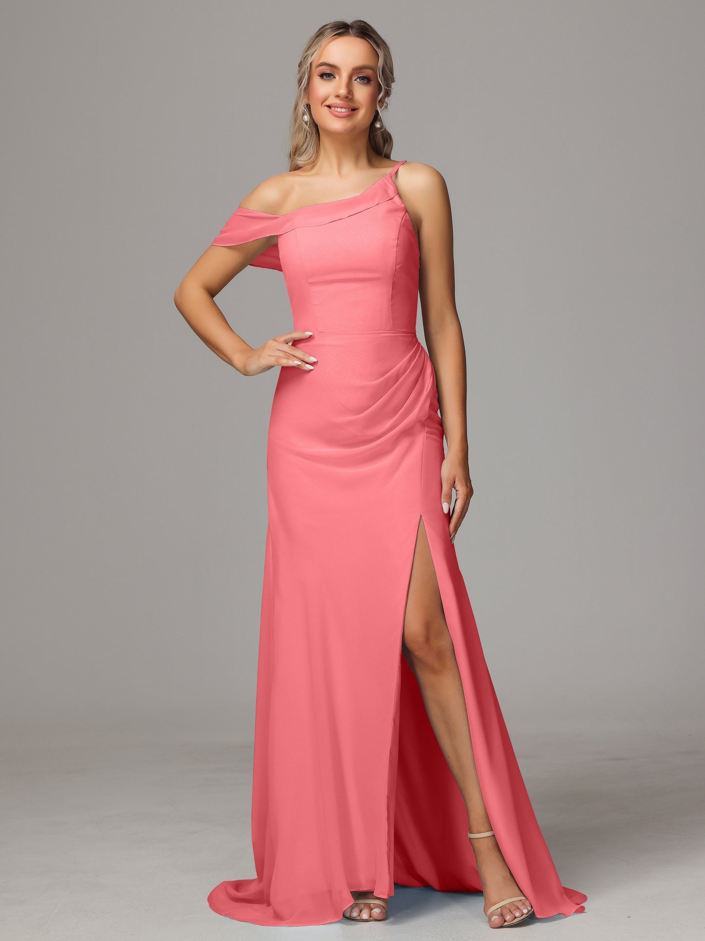 Sheath One Shoulder with Slit Chiffon Bridesmaid Dress