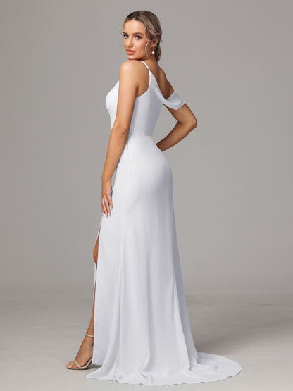 Sheath One Shoulder with Slit Chiffon Bridesmaid Dress