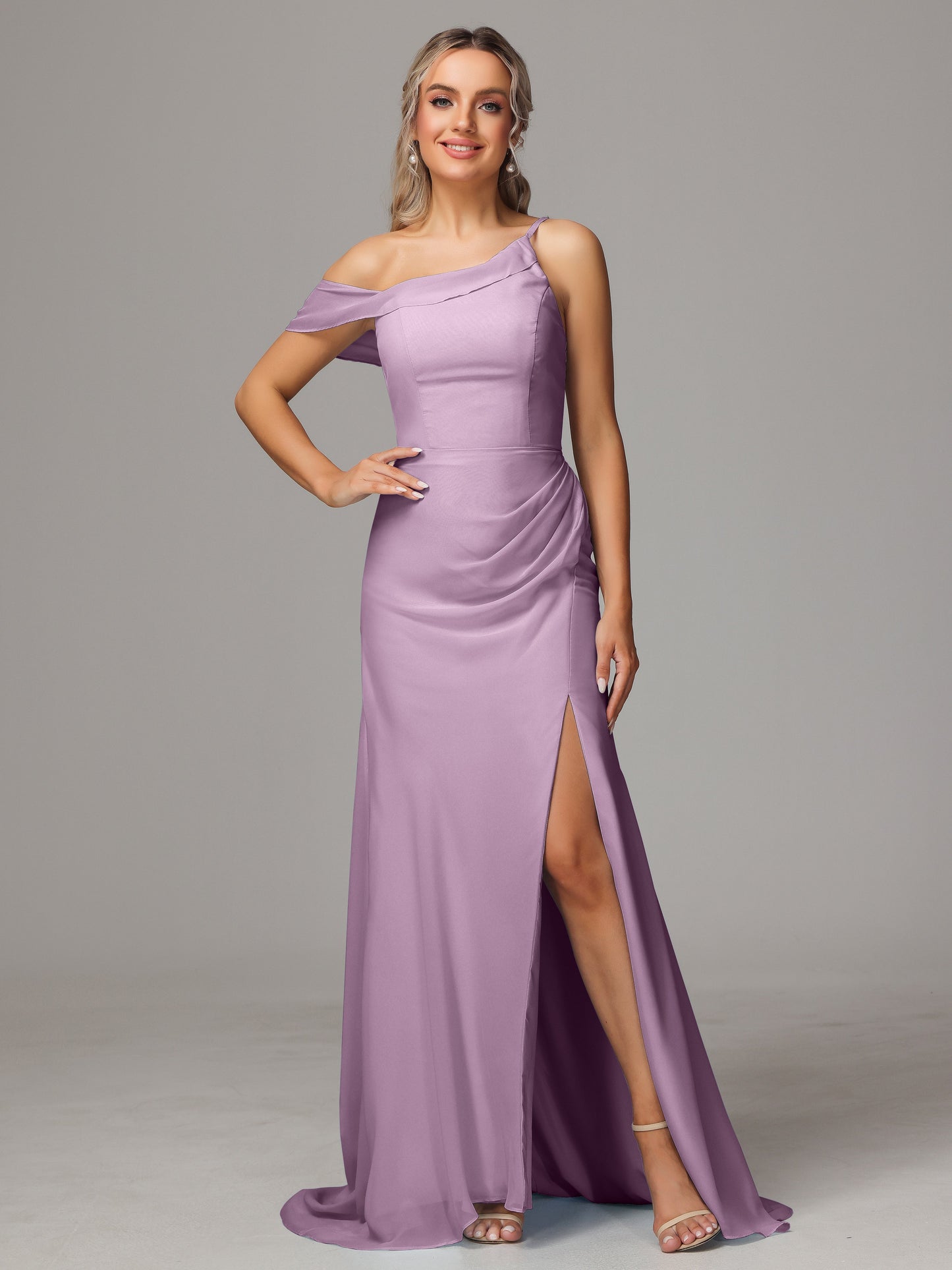 Sheath One Shoulder with Slit Chiffon Bridesmaid Dress