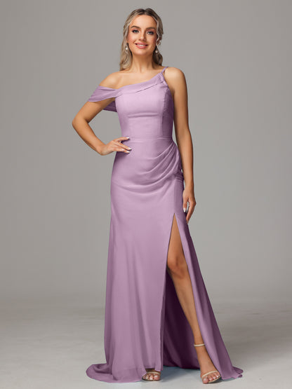 Sheath One Shoulder with Slit Chiffon Bridesmaid Dress