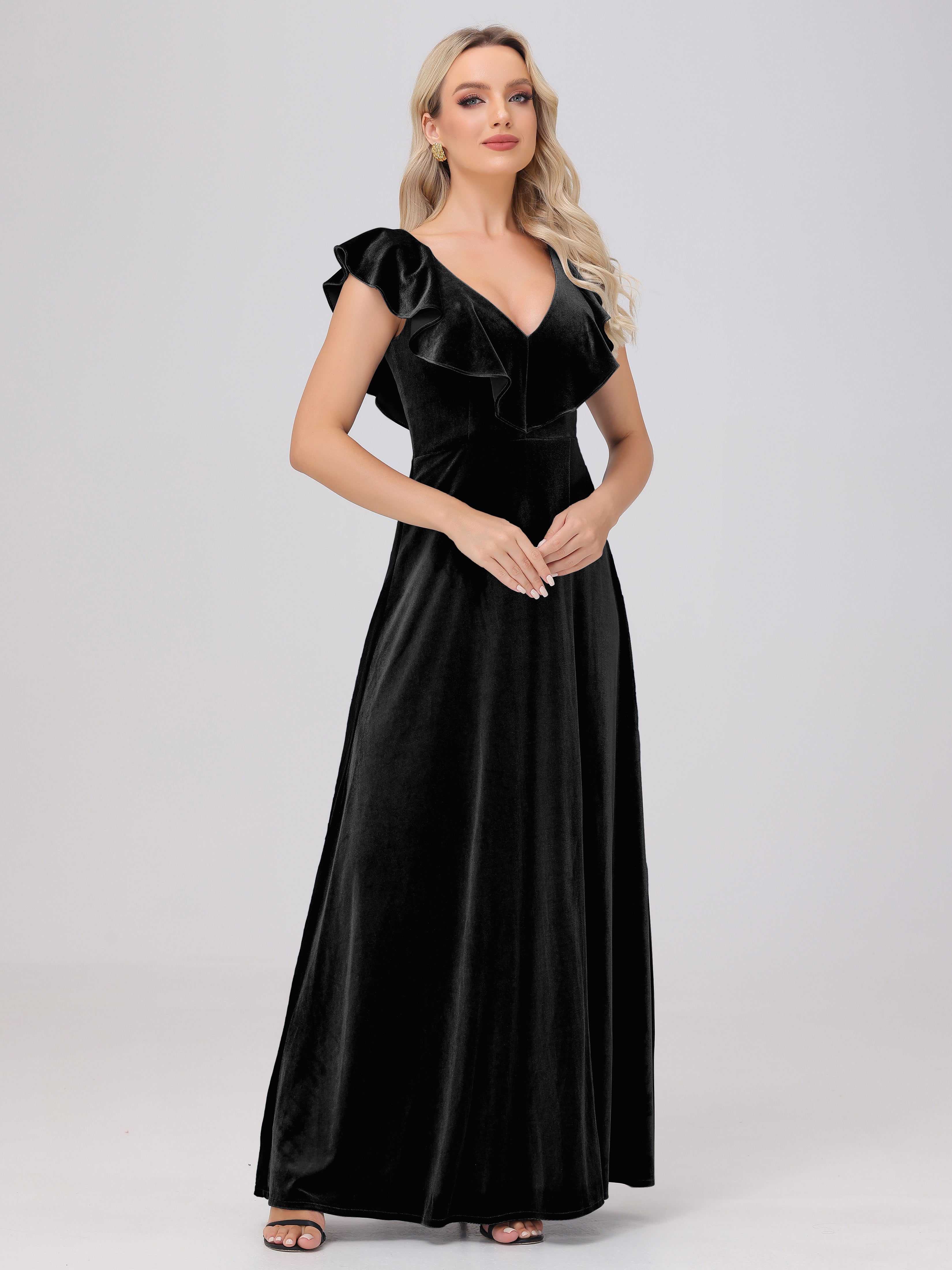 Ruffle V-Neck Velvet Bridesmaid Dresses with High Slit