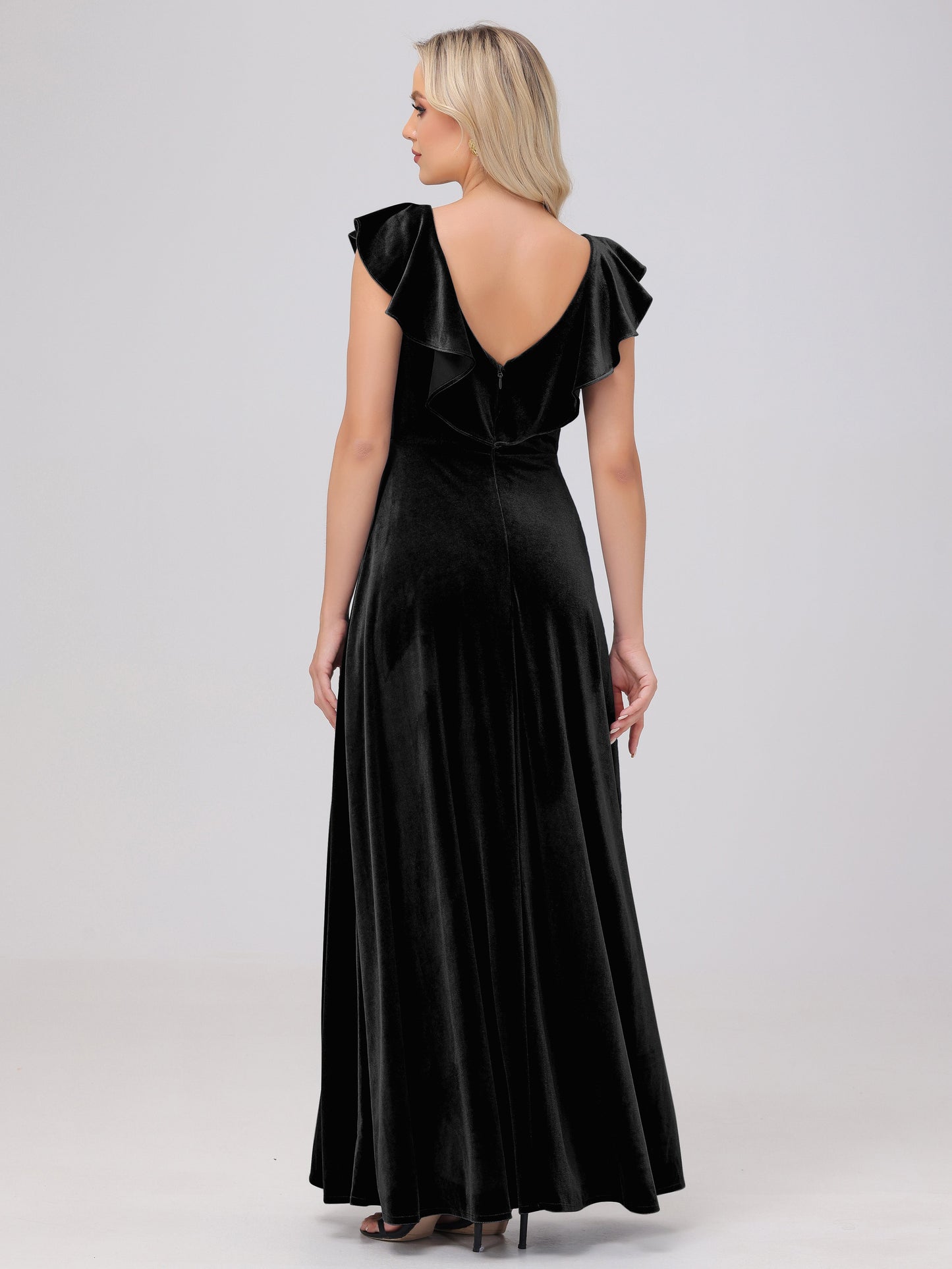 Ruffle V-Neck Velvet Bridesmaid Dresses with High Slit