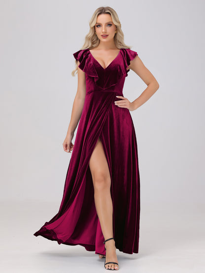 Ruffle V-Neck Velvet Bridesmaid Dresses with High Slit