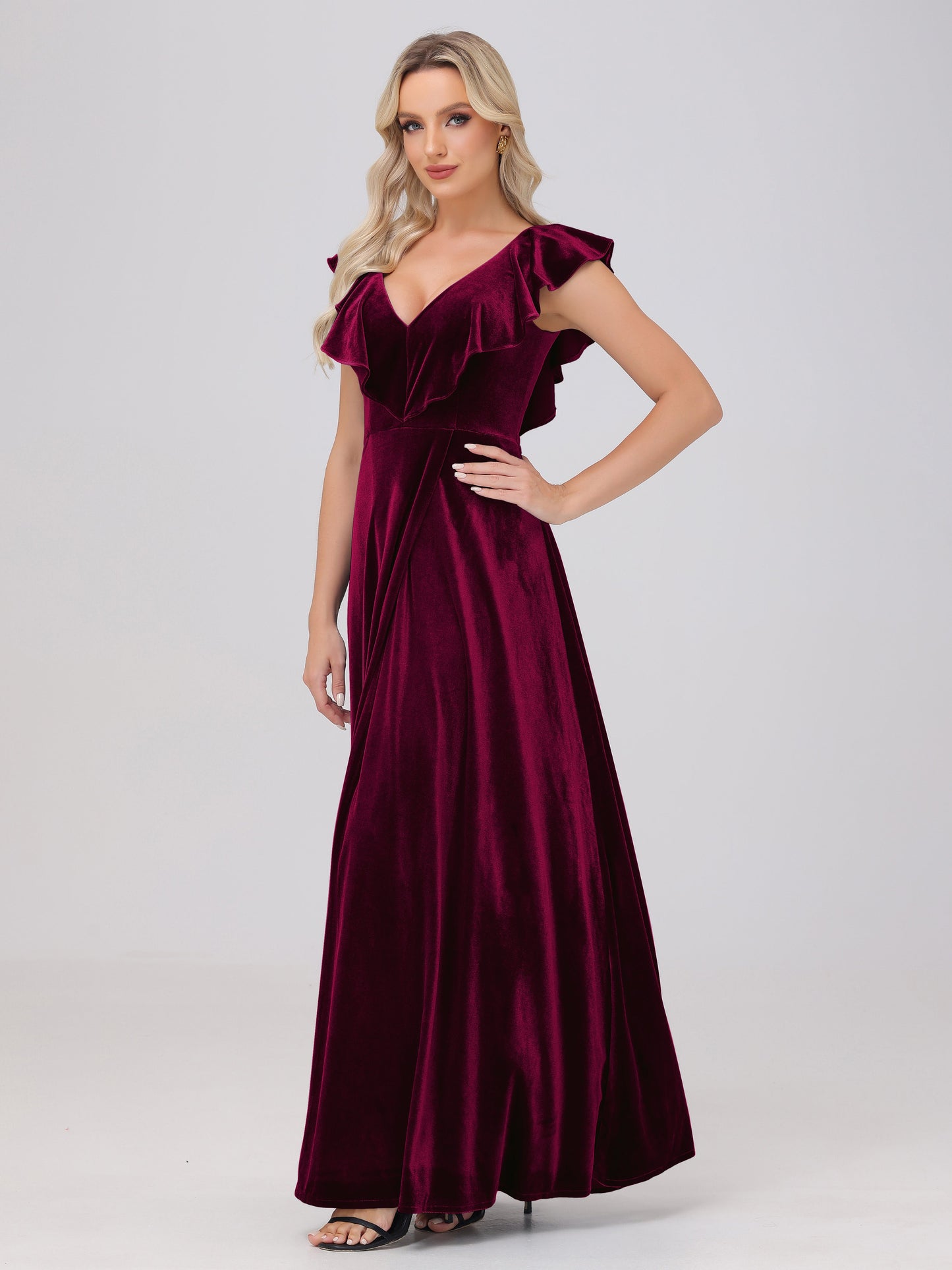 Ruffle V-Neck Velvet Bridesmaid Dresses with High Slit