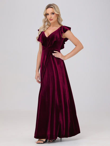 Ruffle V-Neck Velvet Bridesmaid Dresses with High Slit