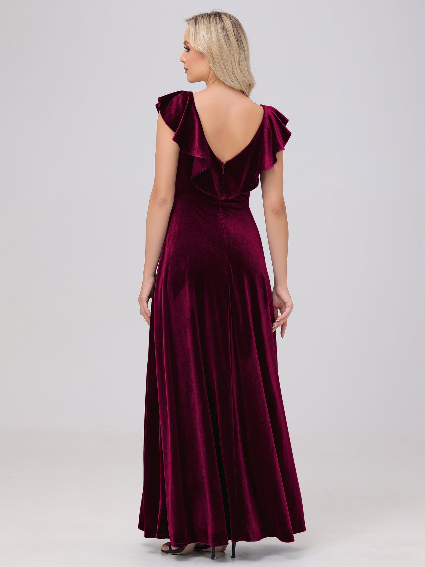 Ruffle V-Neck Velvet Bridesmaid Dresses with High Slit