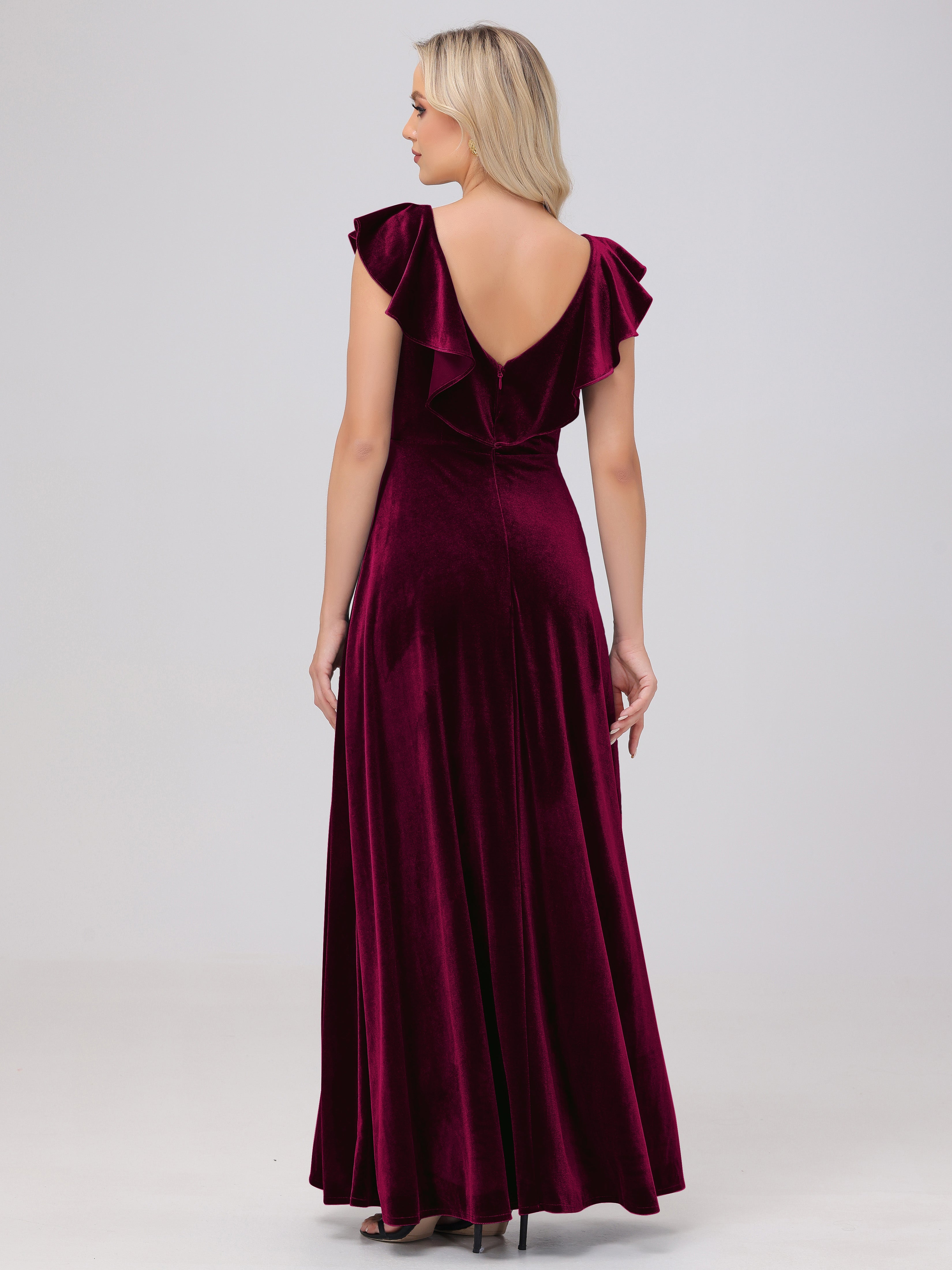 Ruffle V-Neck Velvet Bridesmaid Dresses with High Slit