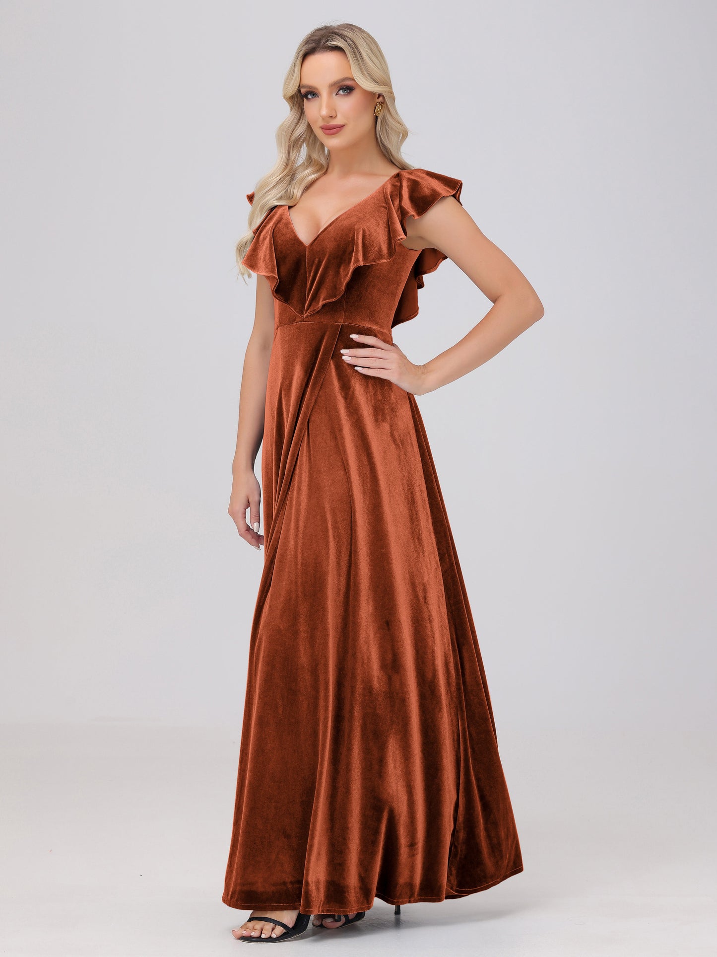 Ruffle V-Neck Velvet Bridesmaid Dresses with High Slit