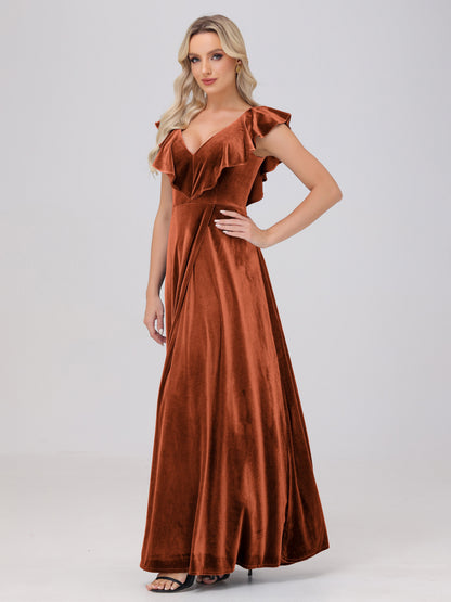 Ruffle V-Neck Velvet Bridesmaid Dresses with High Slit