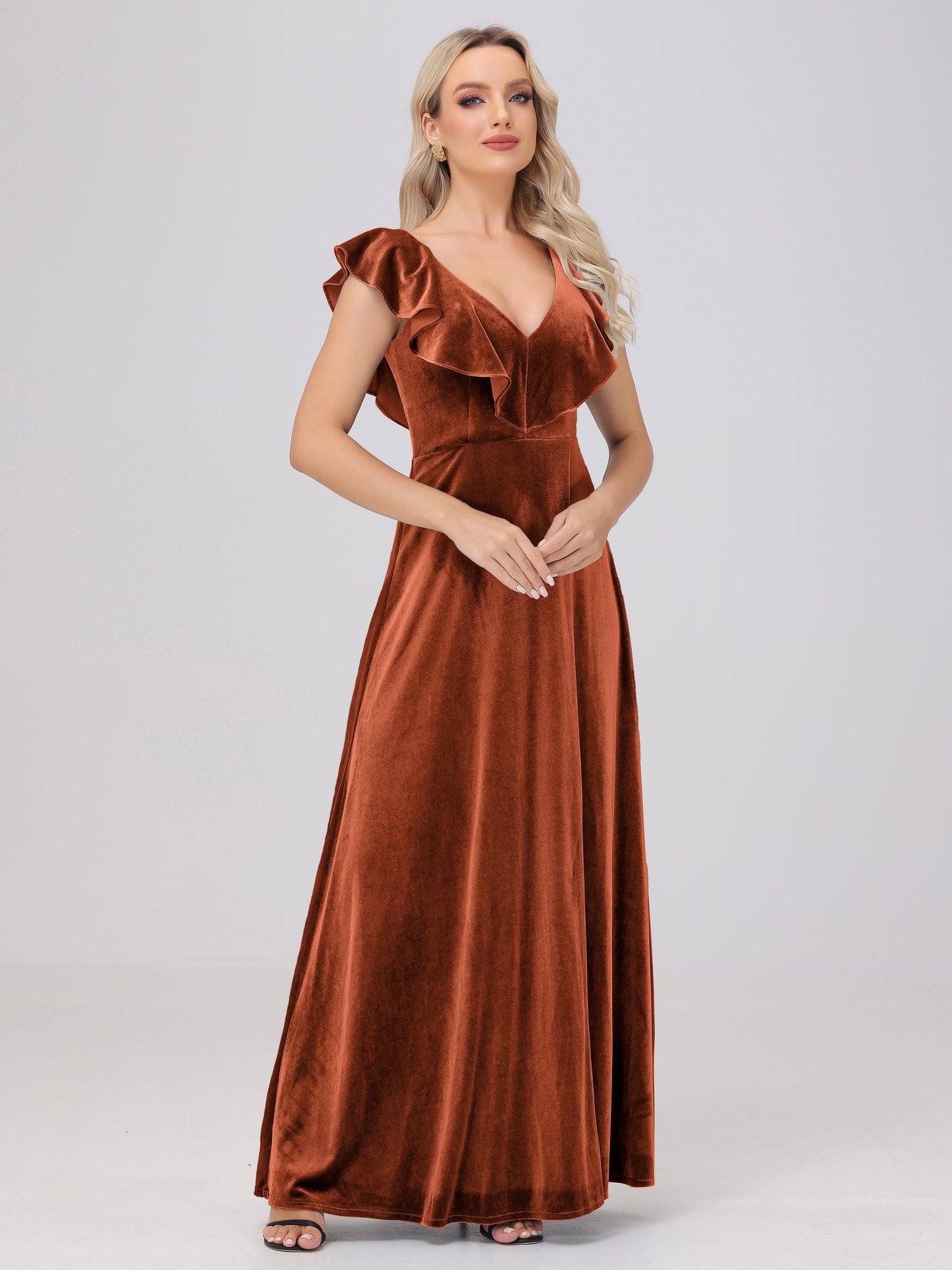 Ruffle V-Neck Velvet Bridesmaid Dresses with High Slit