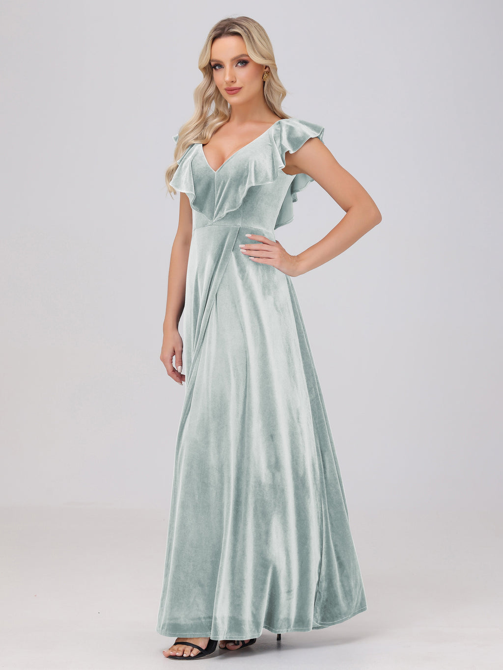 Ruffle V-Neck Velvet Bridesmaid Dresses with High Slit