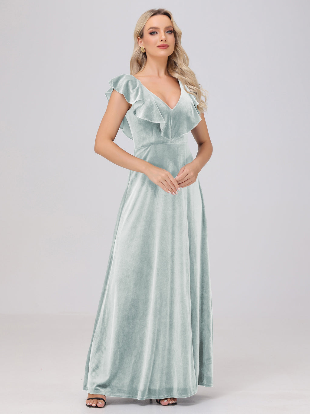 Ruffle V-Neck Velvet Bridesmaid Dresses with High Slit